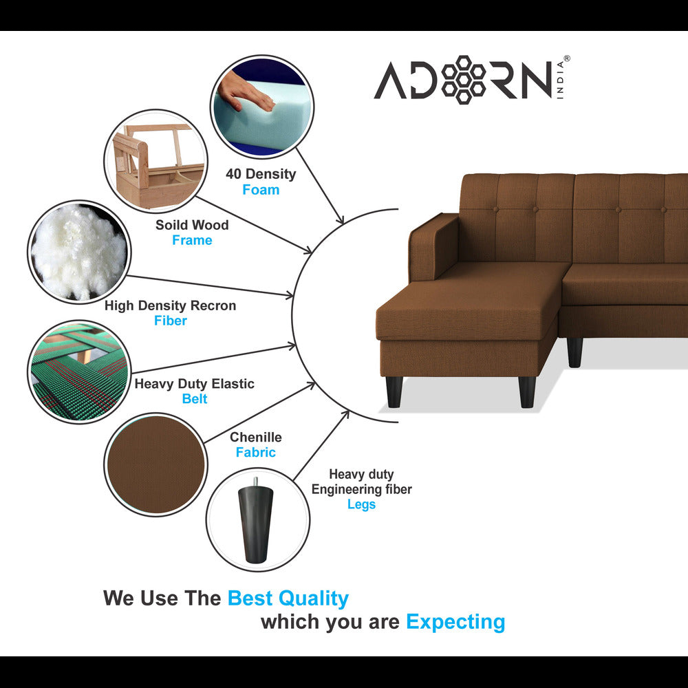 Adorn India Rio Elegant L Shape 6 Seater Sofa Set (Lhs) (Brown) (3 Year Warranty)