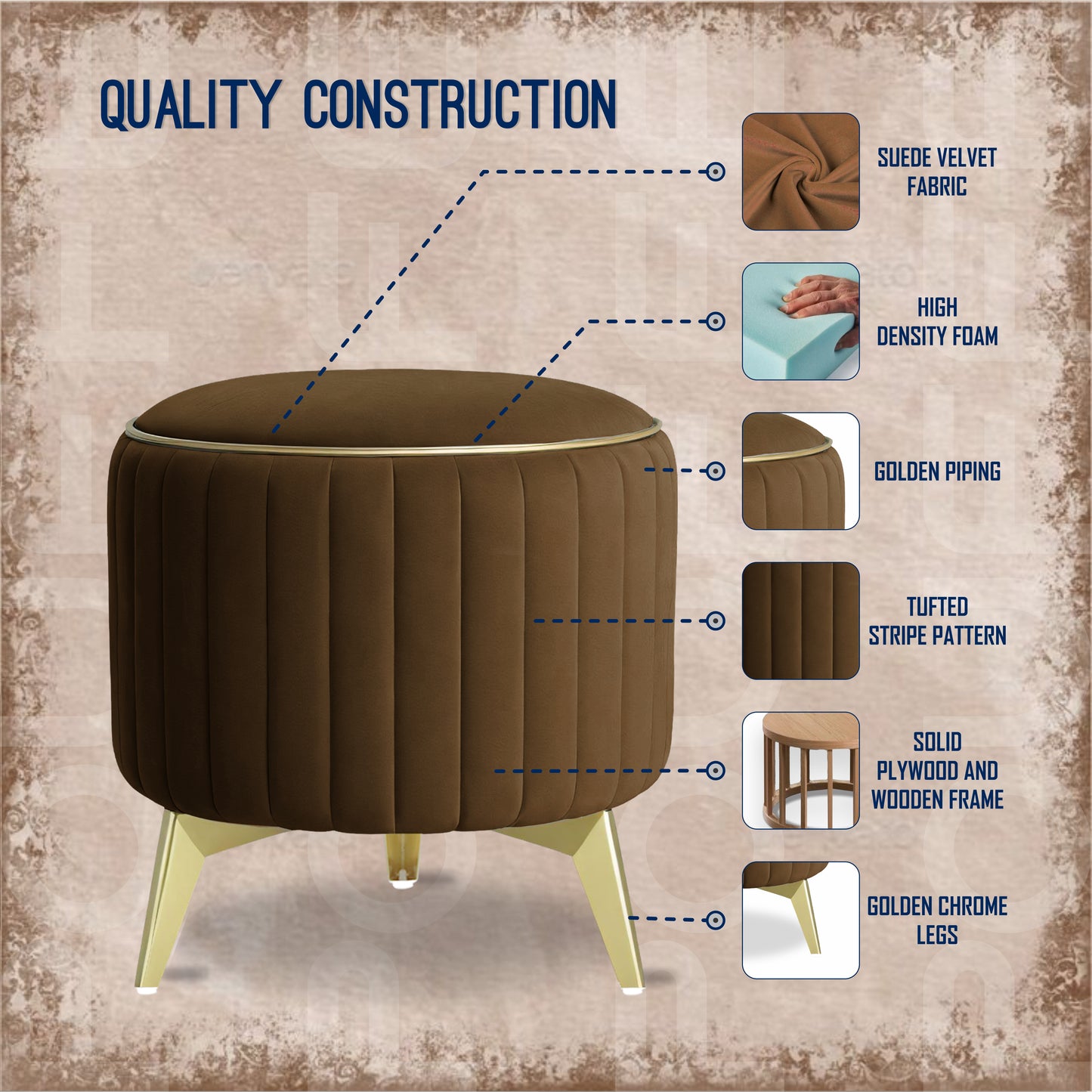Adorn India Olivia Round 1 Seater Ottoman Pouffe Striped Pattern with Velvet Suede Fabric (Brown)