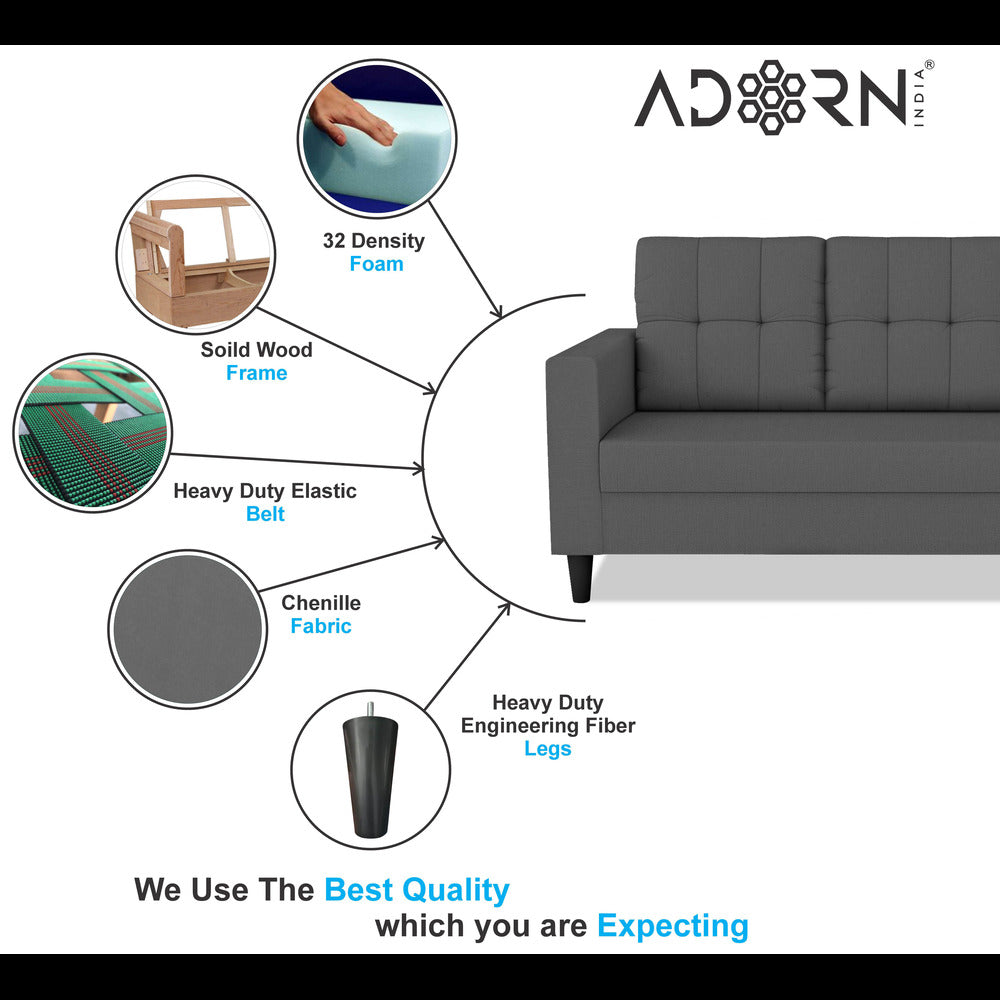 Adorn India Darcy 3+1+1 5 Seater Sofa Set (Grey) (3 Year Warranty)