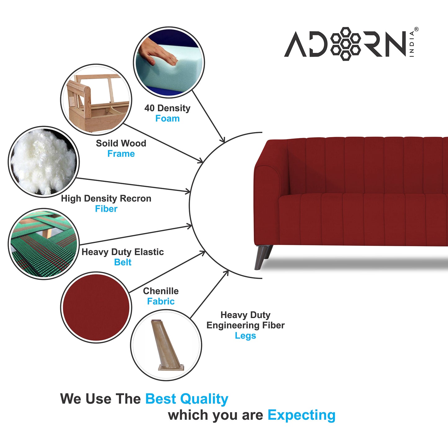 Adorn India Premium Laurel 3 Seater Sofa (Red) (3 Year Warranty)
