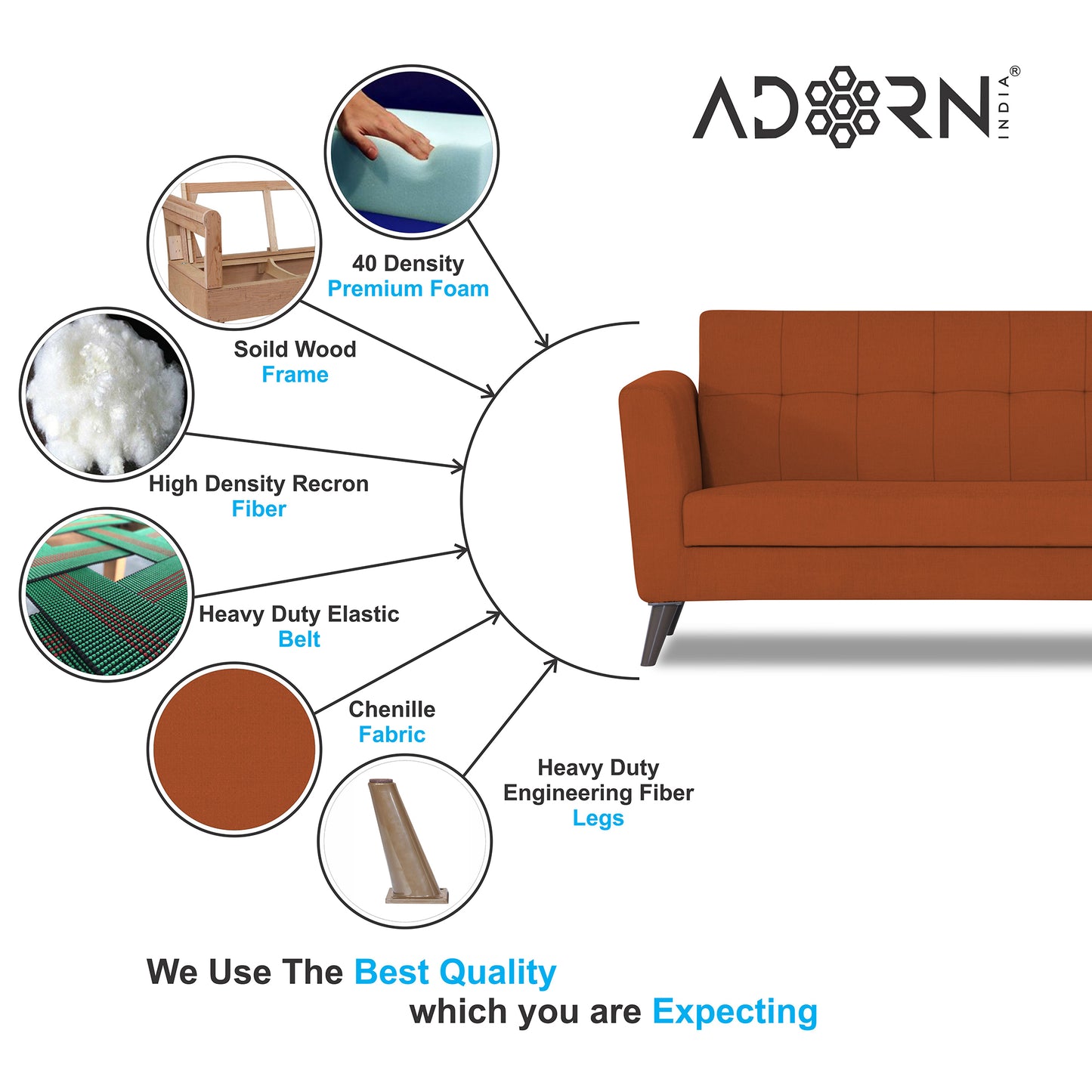 Adorn India Dannis 3 Seater Sofa (Rust) (3 Year Warranty)