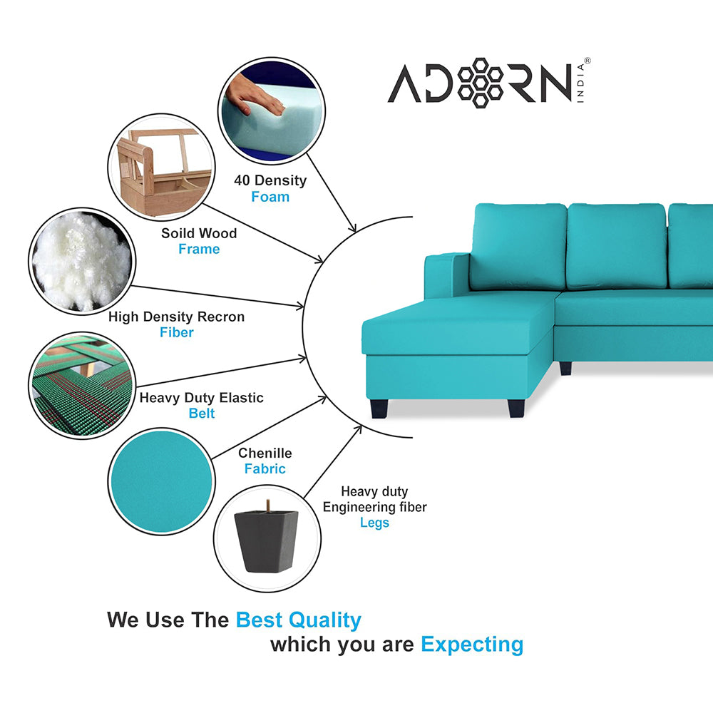 Adorn India Chandler Plain L Shape 6 Seater Sofa Set Lhs (Aqua Blue) (3 Year Warranty)