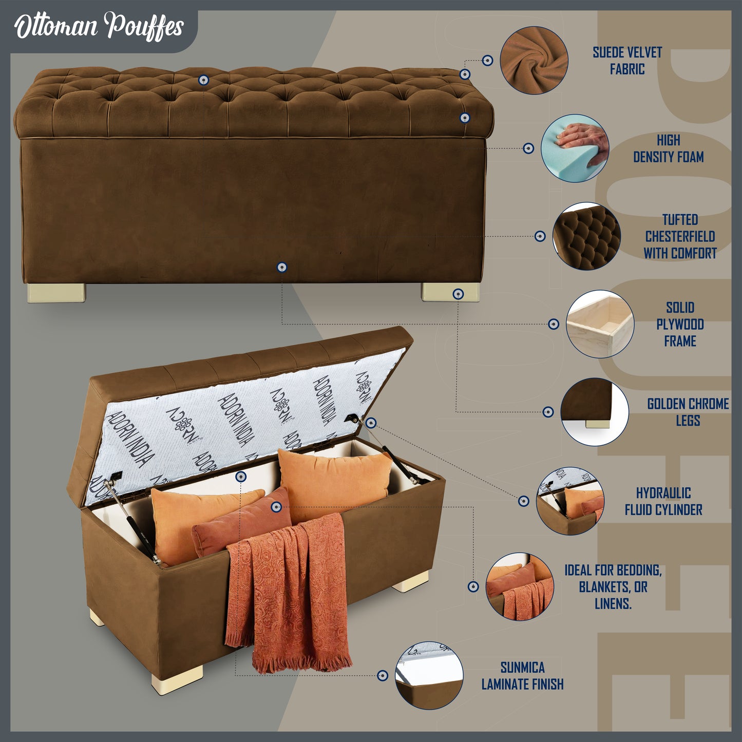 Adorn India Falcon Tufted 2 Seater Storage Ottoman Pouffe with Velvet Suede Fabric (Brown)