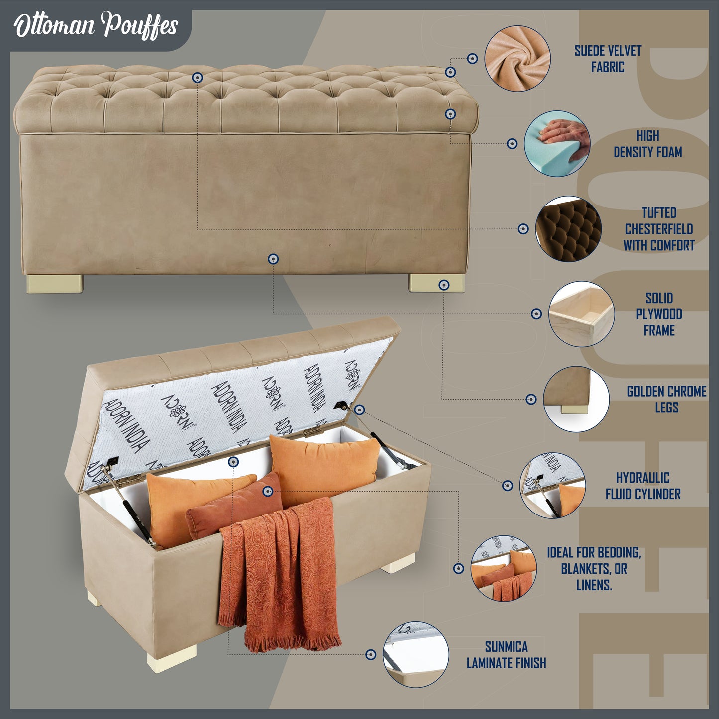 Adorn India Falcon Tufted 2 Seater Storage Ottoman Pouffe with Velvet Suede Fabric (Beige)