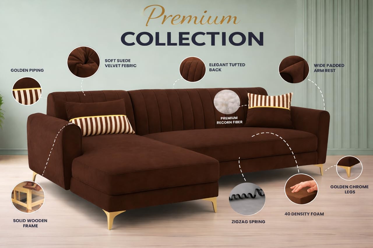 Adorn India Premium Luster 8 Seater L Shape Sofa Set with 2 Puffy & 1 Center Table | Velvet Suede Fabric | 3-Year Warranty | LHS | Brown with Golden Legs & Striped Pattern Cushion