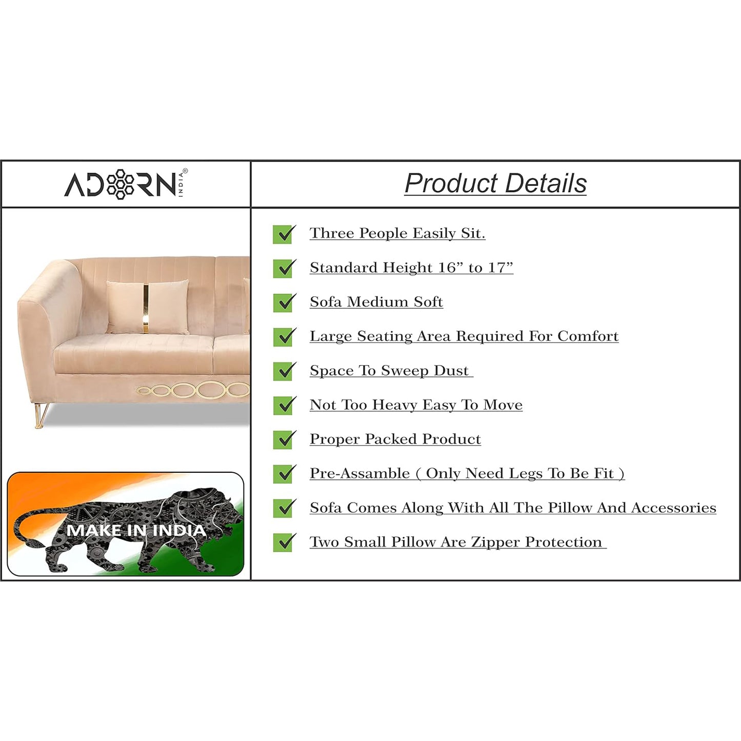 Adorn India Premium Camilla 3 Seater Sofa (Velvet Fabric Colour Beige)