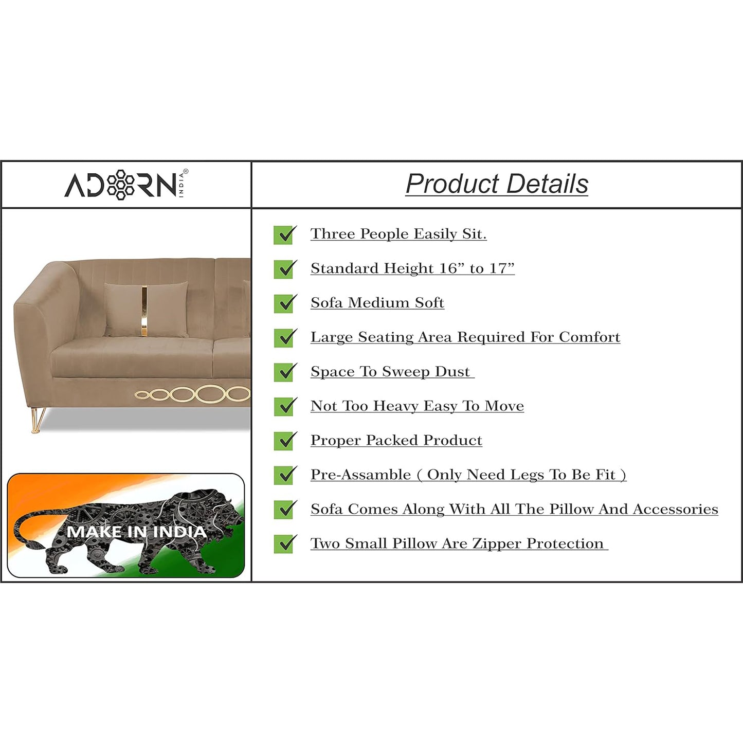 Adorn India Premium Camilla 3 Seater Sofa (Velvet Fabric Colour Camel)