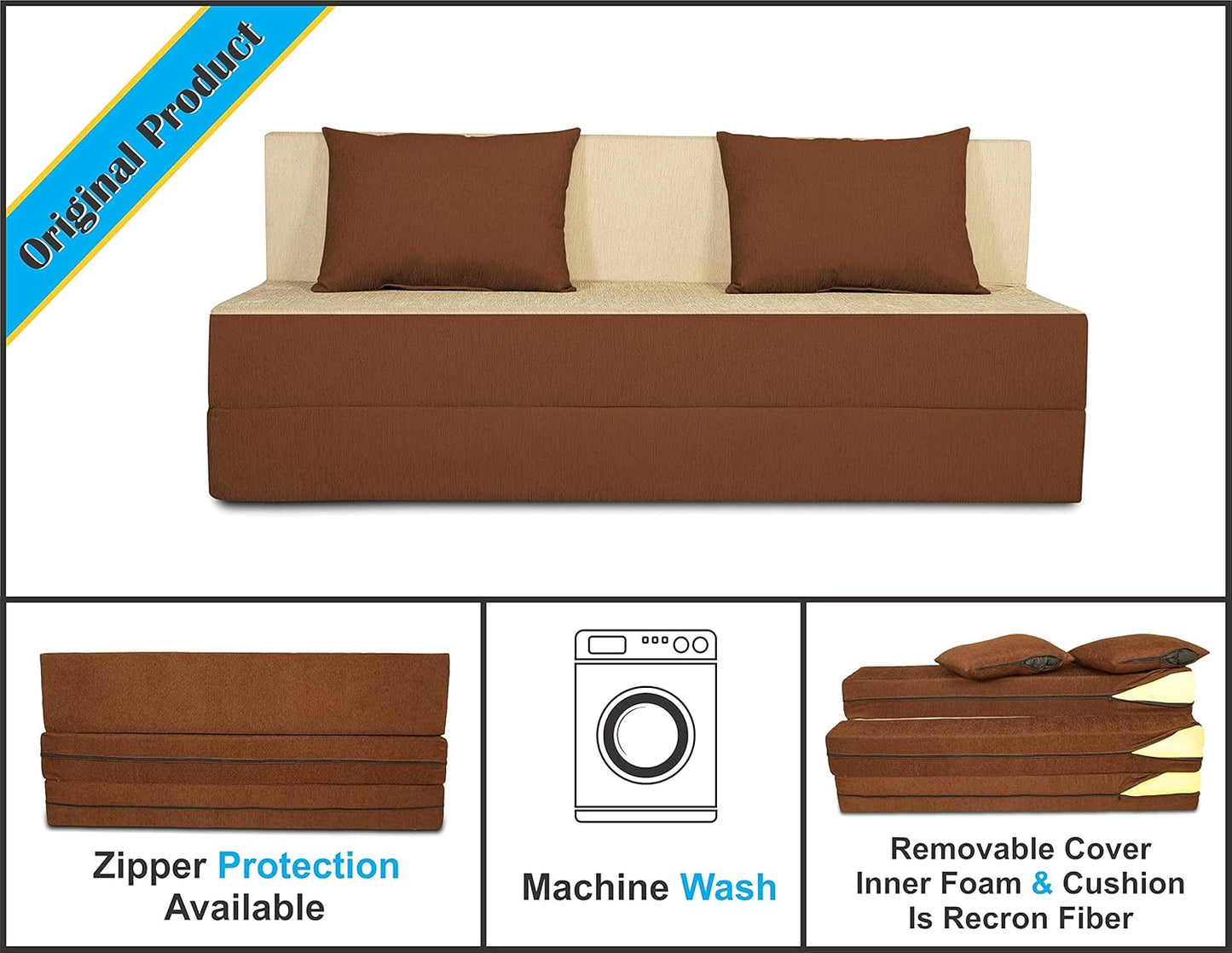 Adorn India Easy 4 Seater Sofa Cum Bed (2 Years Warrenty Quality Foam)-Perfect for Seat & Sleep Washeble Polyster Fabric Cover (Brown & Beige) 6'x6'.Pillows Free (1 Year Warranty)