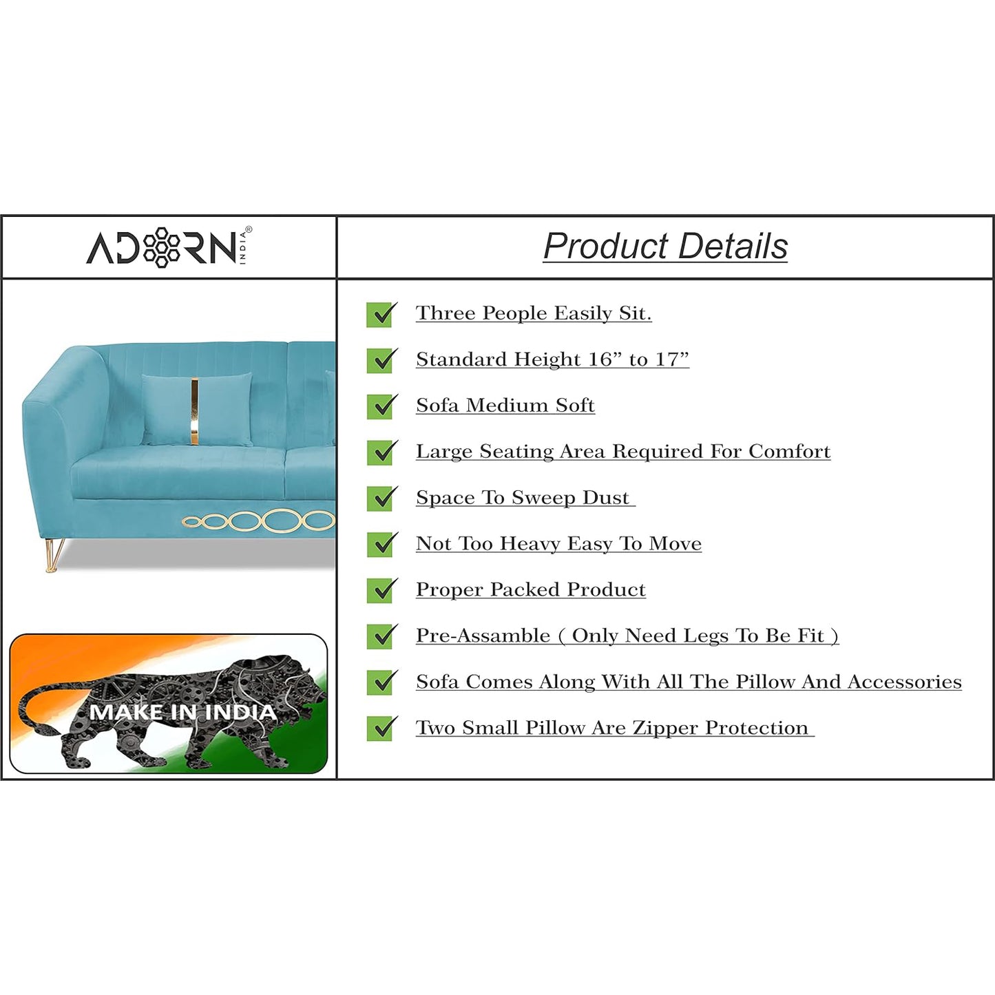 Adorn India Premium Camilla 3 Seater Sofa (Velvet Suede Fabric Colour Aqua Blue)