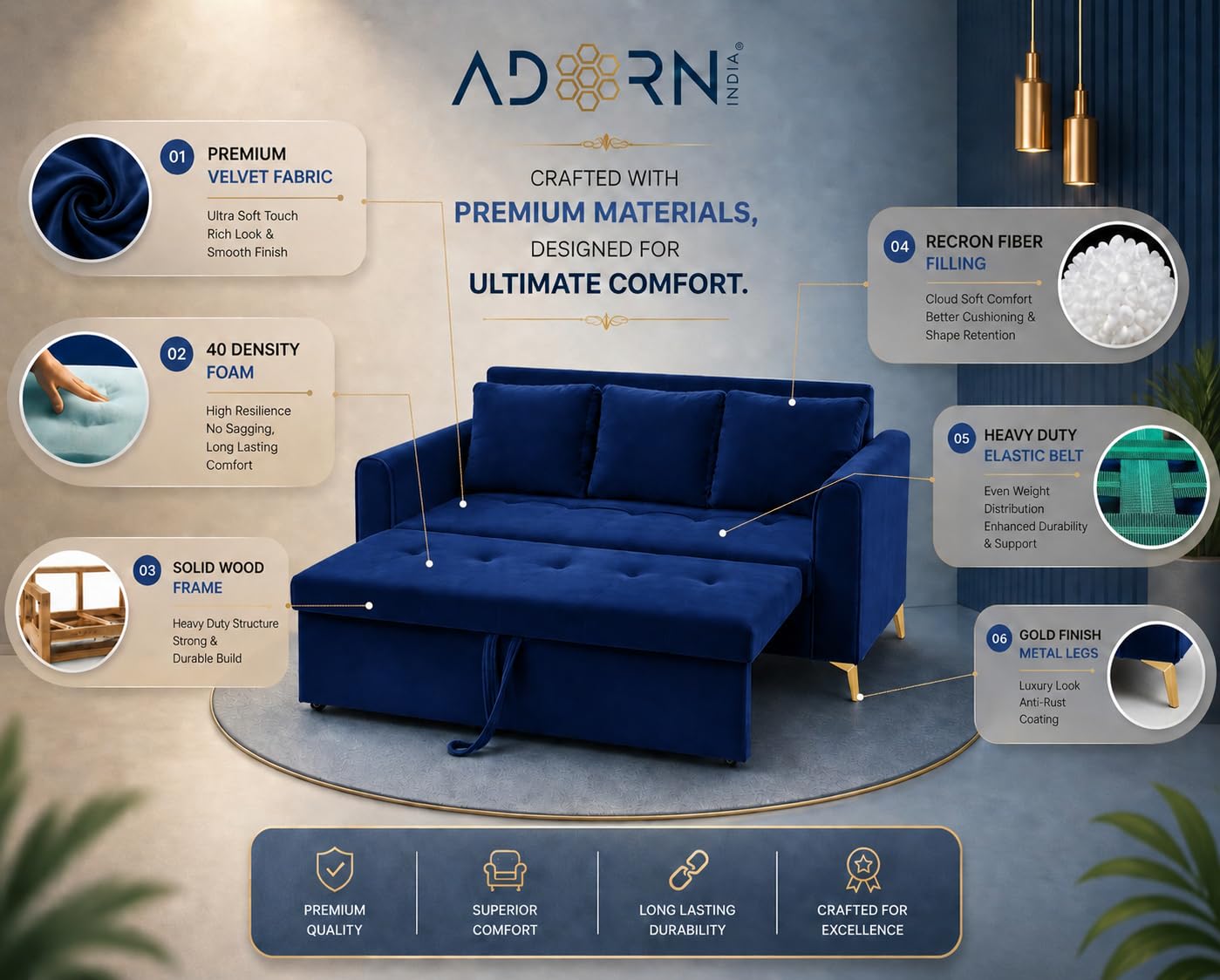Adorn India Premium Mystic - 3 Years Warranty - 3 Seater Sofa Cum Bed Velvet Suede Fabric - Blue