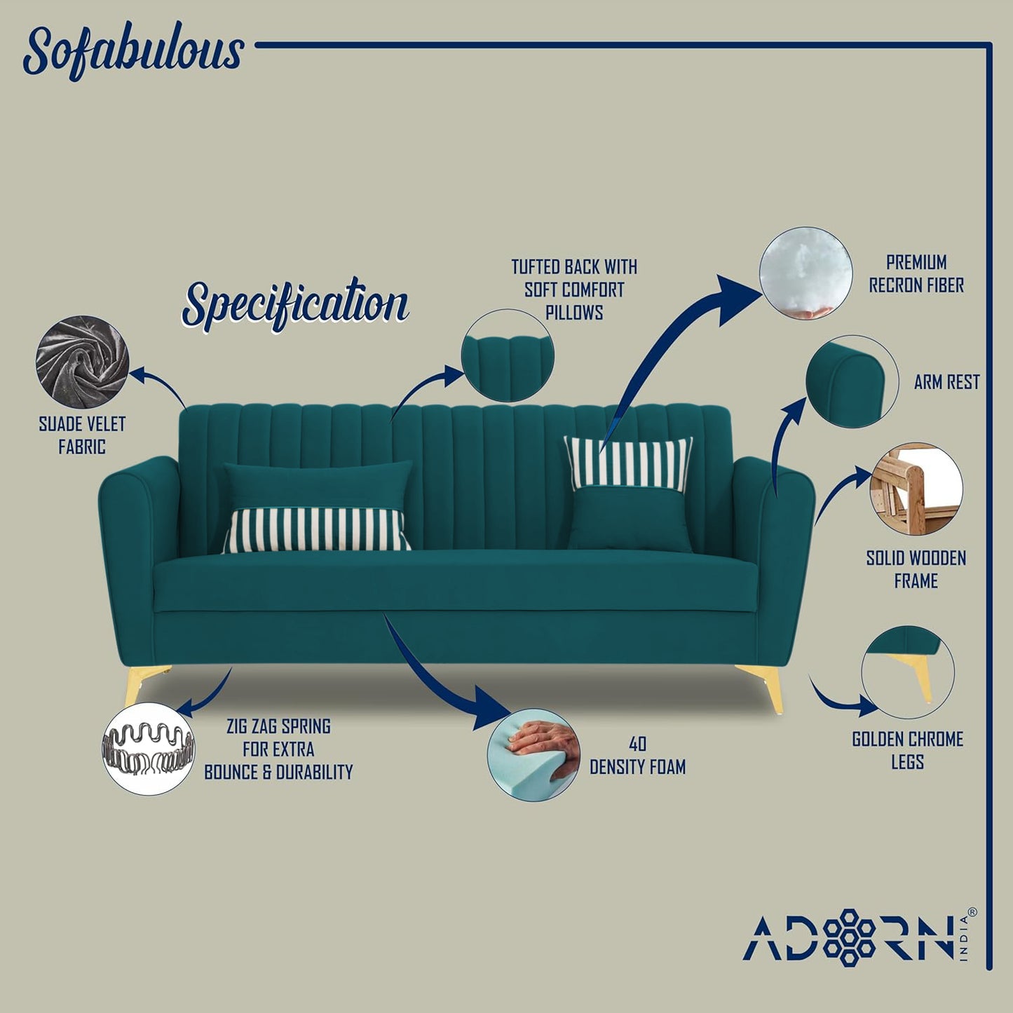 Adorn India Easy 3 Seater Sofa Cum Bed | Velvet Fabric | Aqua Blue | Plain Design | 6x5 Ft | Comfortable Seating | Washable Cover | Perfect for Home & Office