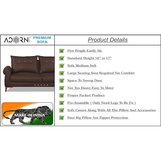 Adorn India Premium Jarvis 3+2 Five Seater Sofa Set (Leatherette Suede Fabric Colour Brown)