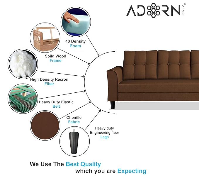 Adorn India Maddox Tufted 3 Seater Sofa (Brown) (3 Year Warranty)
