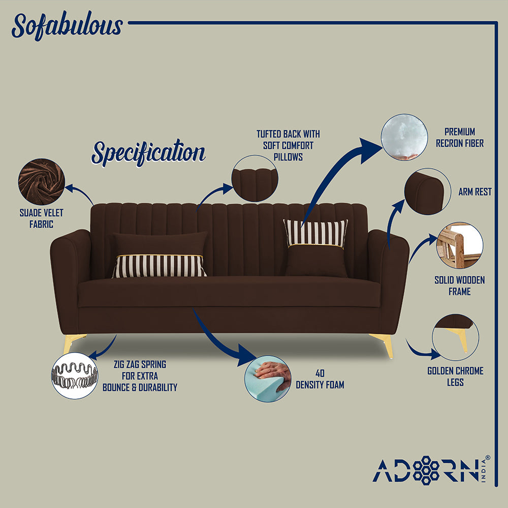 Adorn India Premium Luster 3-1-1 Sofa Set | Velvet Suede Fabric | 3-Year Warranty | Color Brown with Golden Legs & Striped Pattern Cushion