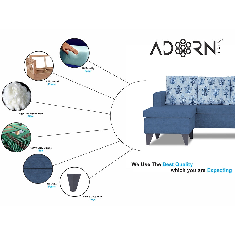 Adorn India Bruce Leaf L Shape 5 Seater Sofa Set LHS (Blue) (3 Year Warranty)