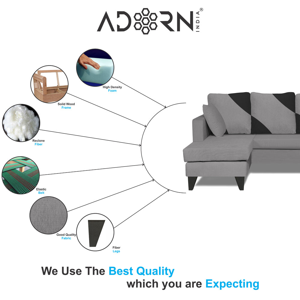 Adorn India Denver L Shape 5 Seater Sofa Set LHS (Grey) (3 Year Warranty)