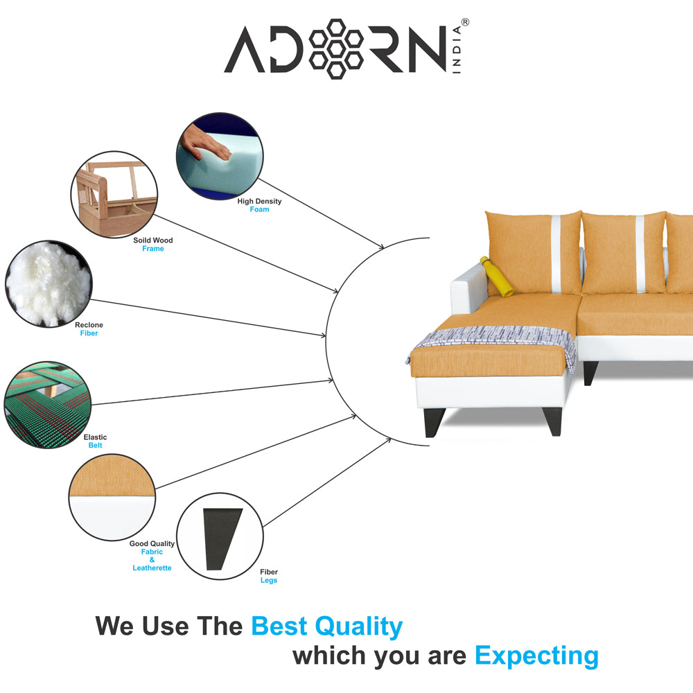 Adorn India Ashley Stripes Leatherette Fabric L Shape 8 Seater Sofa Set with 2 Ottoman Puffy & Center Table LHS (Beige & White) (3 Year Warranty)