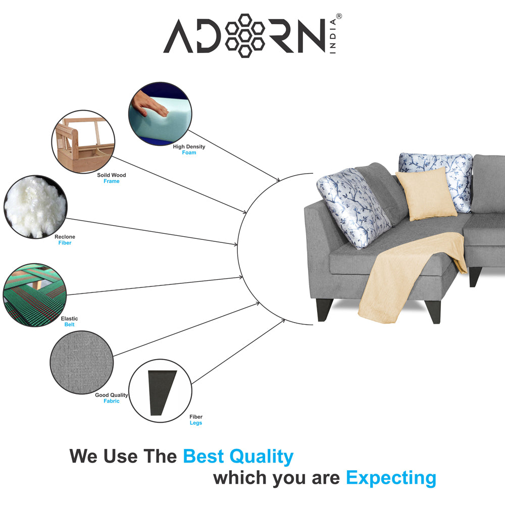 Adorn India Bryson L Shape 6 Seater Sofa Set Digitel Print (Left Hand Side) (Grey) (3 Year Warranty)