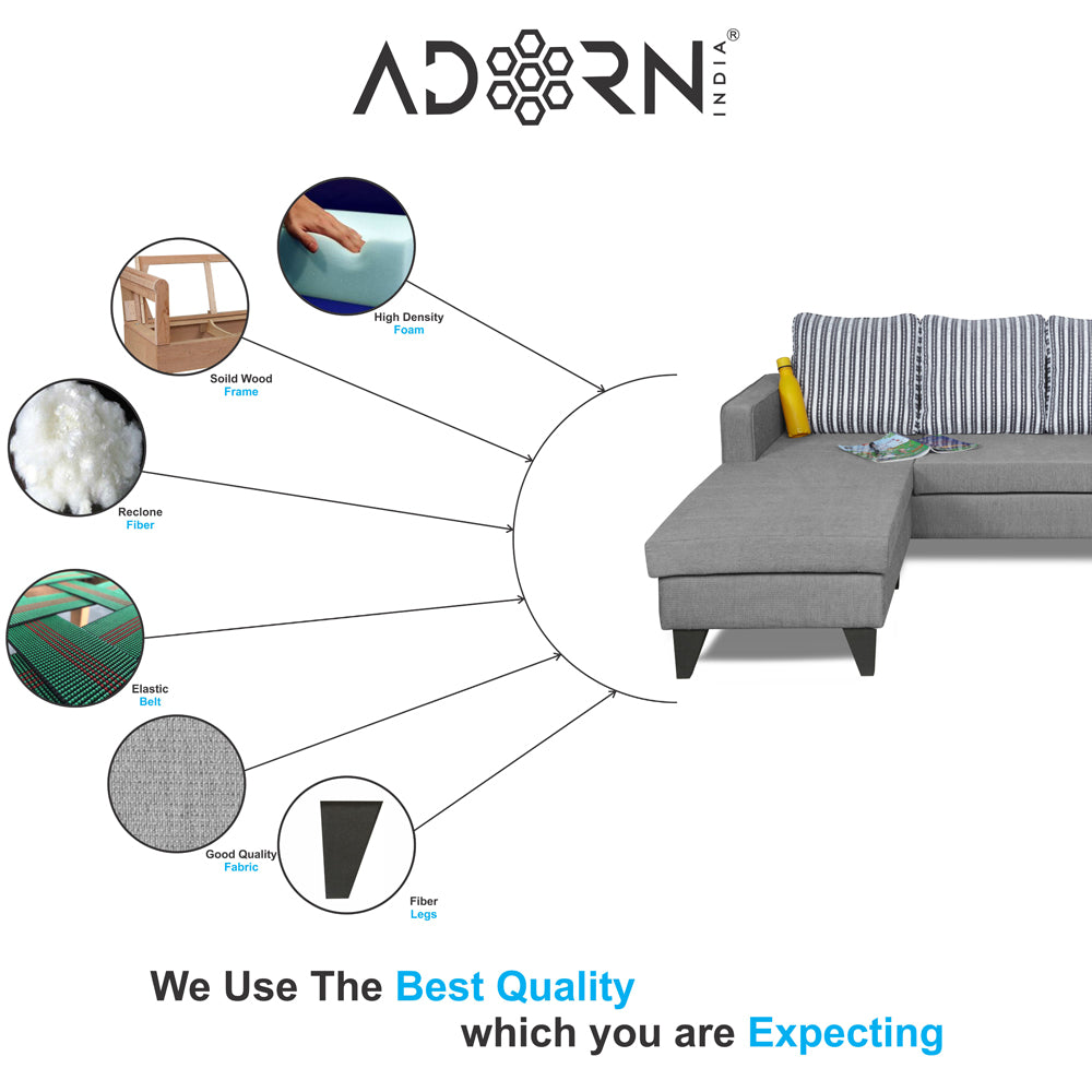 Adorn India Chandler Stripes L Shape 5 Seater Sofa Set LHS (Grey) (3 Year Warranty)