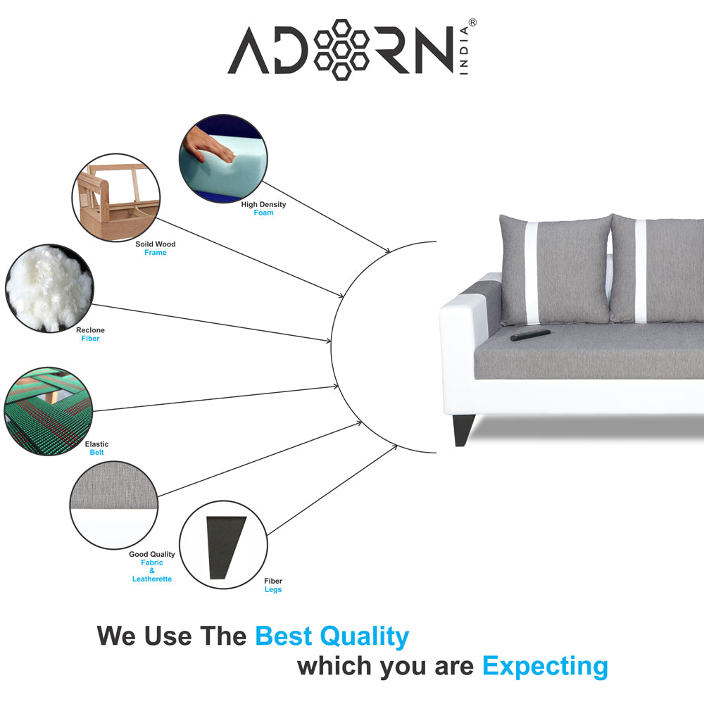 Adorn India Ashley Stripes Leatherette Fabric 3-2 Five Seater Sofa Set (Grey & White) (3 Year Warranty)