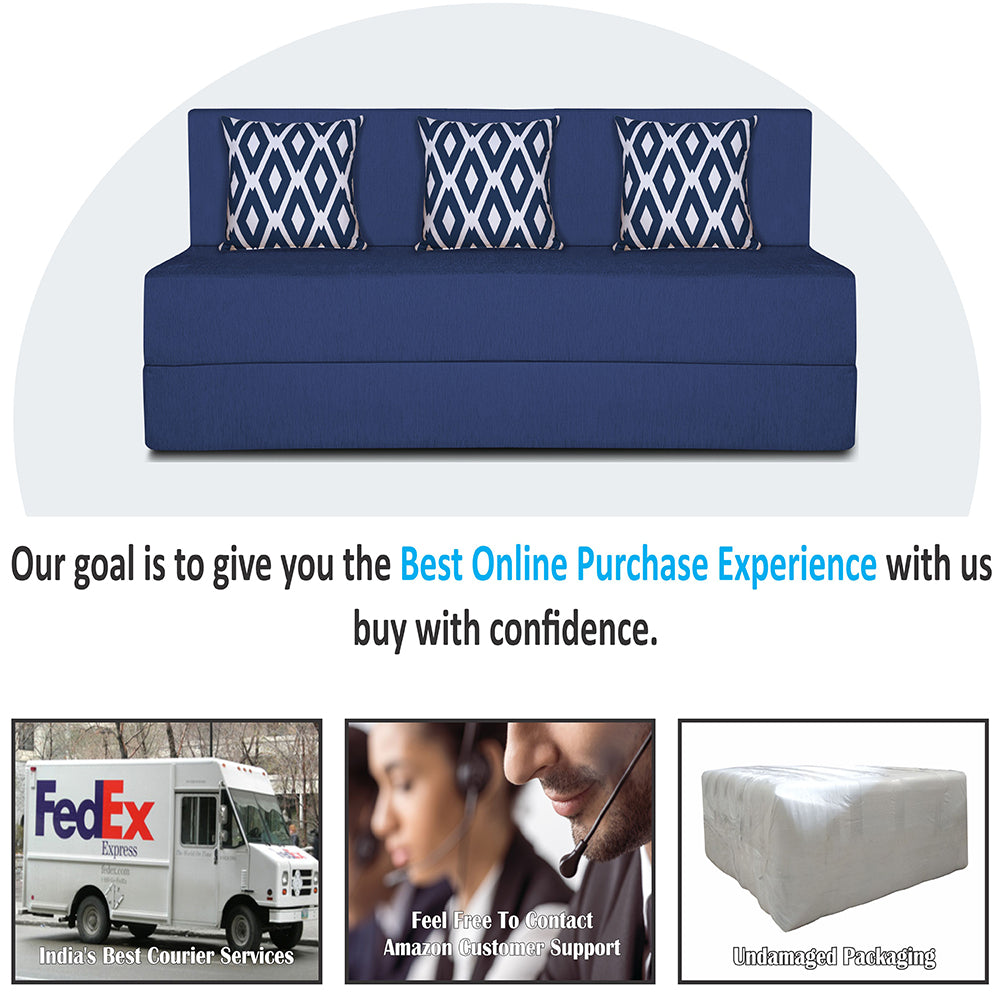 Adorn India Easy 3 Seater Sofa Cum Bed (Rhombus Pattern) Chennile Fabric - Washable Cover - Including 3 Cushion - Size 5' x 6' Ft (Blue Color) Perfect for Home & Office for Guests