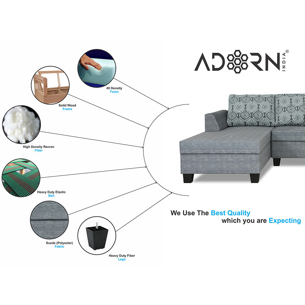 Adorn India Raiden Damask L Shape 6 Seater Sofa Set with Center Table (Left Hand Side) (Grey) (3 Year Warranty)