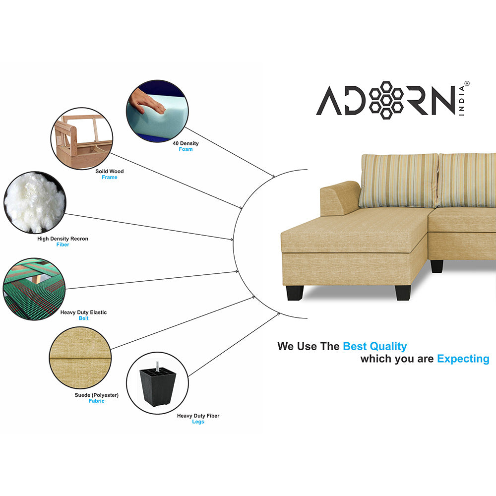 Adorn India Raiden Stripes L Shape 6 Seater Sofa Set with Center Table (Left Hand Side) (Beige) (3 Year Warranty)