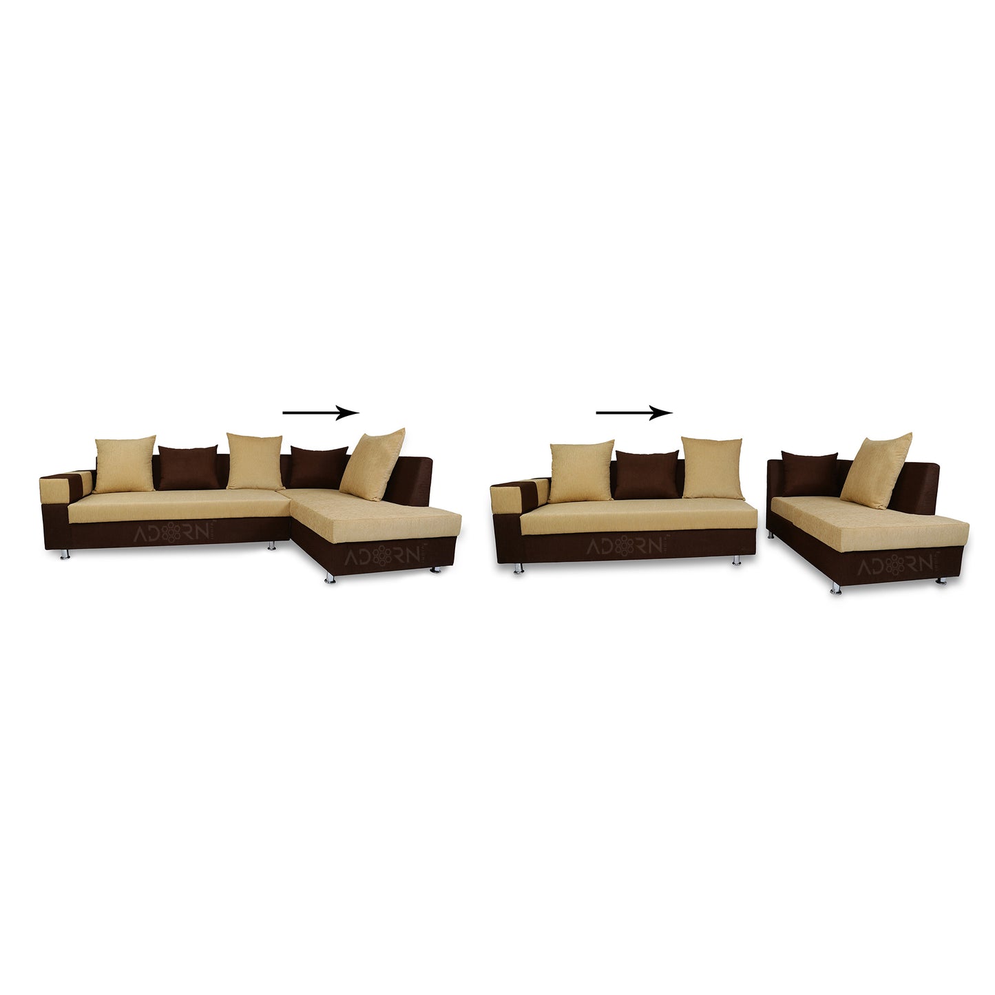 Adorn India Adillac 5 Seater Corner Sofa(Right Side)(Brown & Beige), Wood, Foam