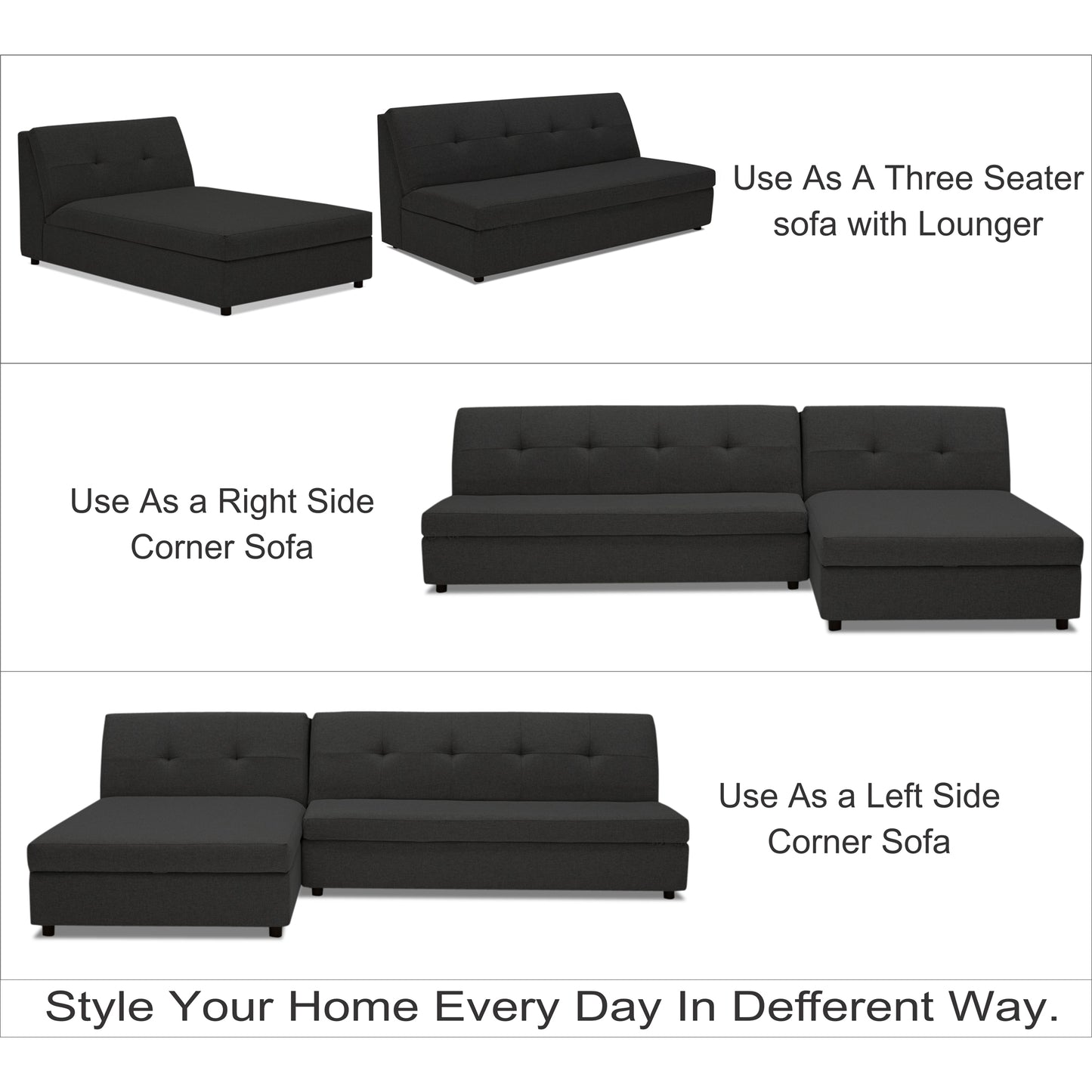 Adorn India Atlas Modular Sofa Set (Black) (3 Year Warranty)