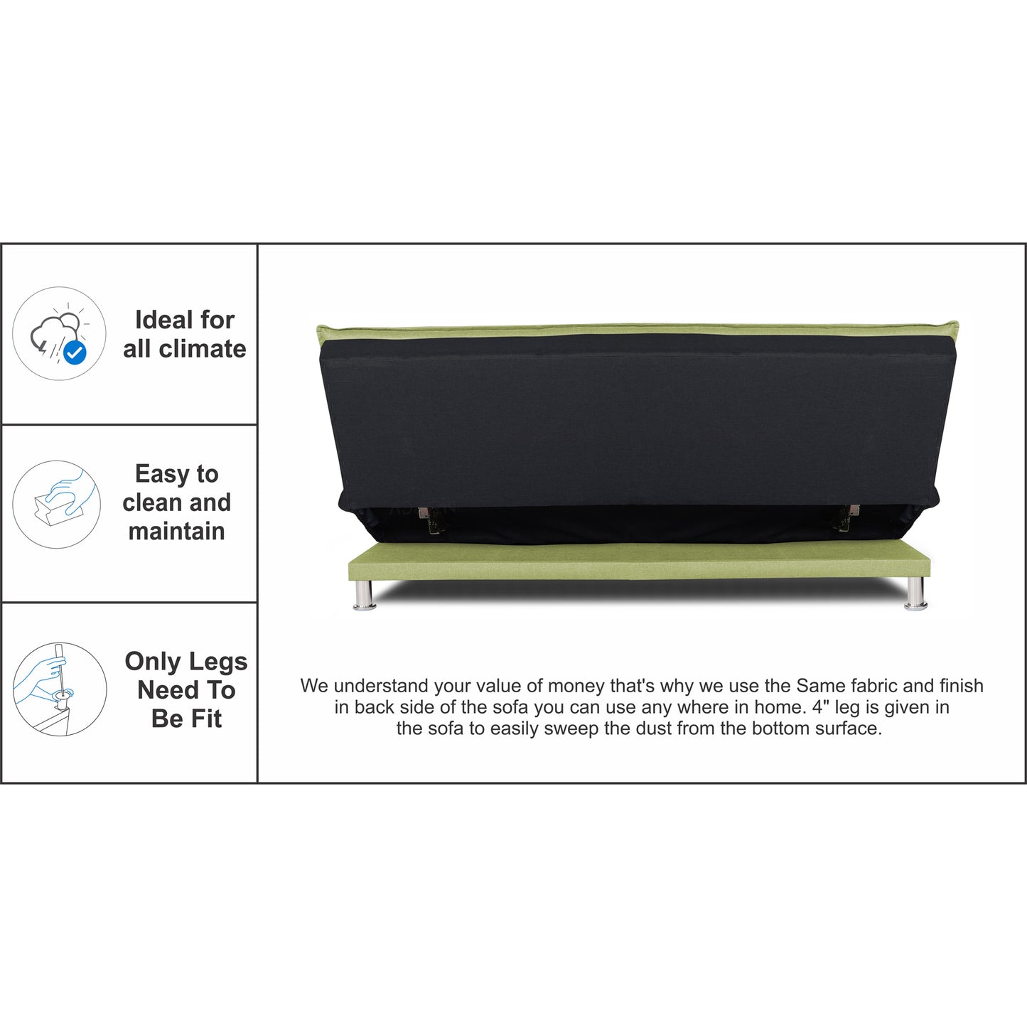 Adorn India Exclusive Two Tone Arden 4 Seater Sofa Cum Bed 4 x 6 (Green & Black) (3 Year Warranty)