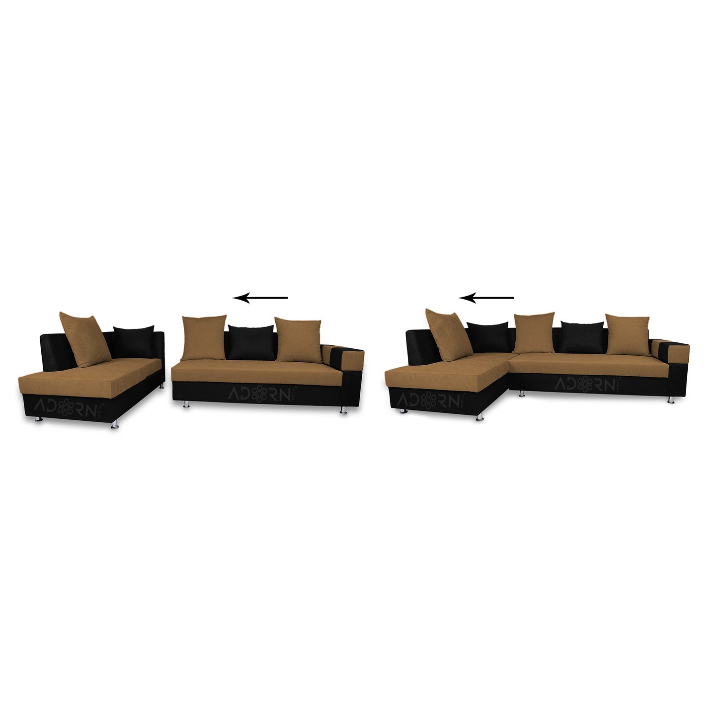 Adorn India Adillac 6 Seater Corner Sofa(Left Side Handle)(Camel & Black)