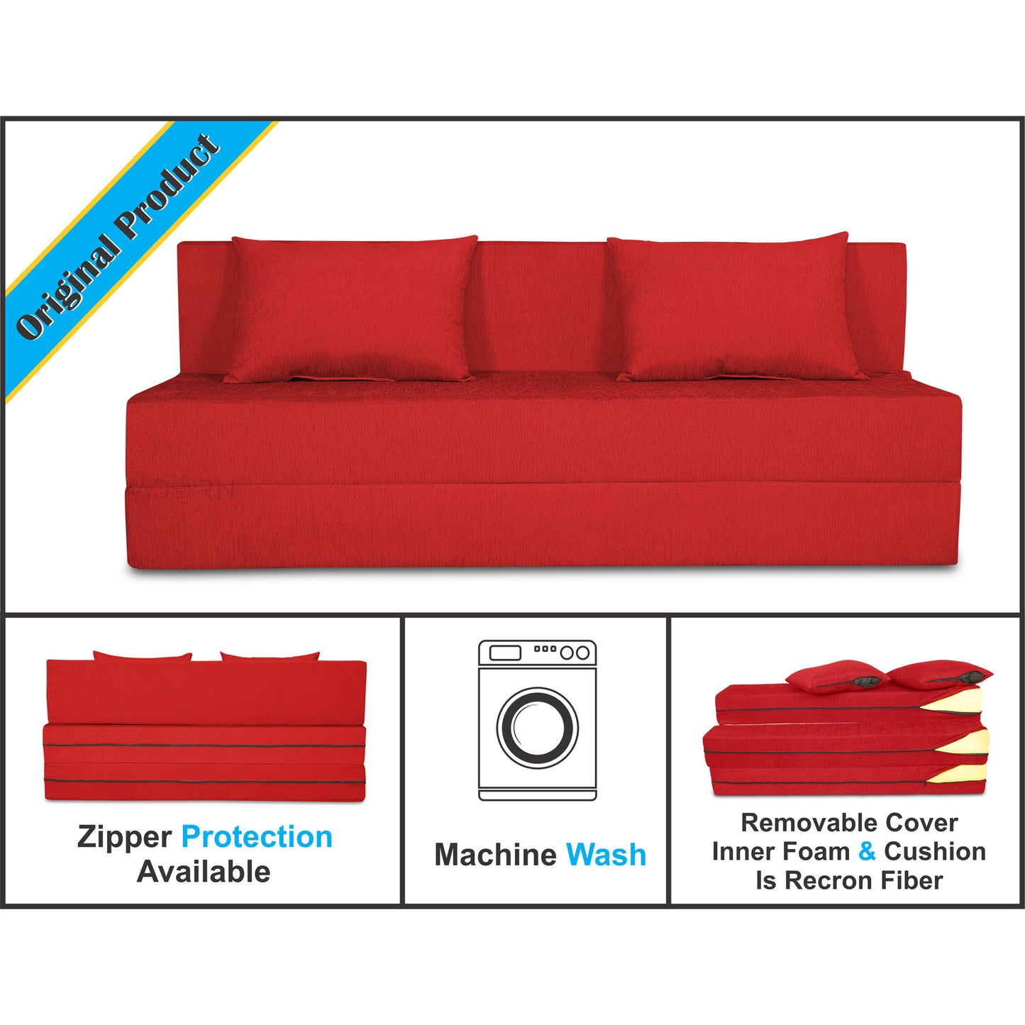 Adorn India Easy 3 Seater Sofa Cum Bed Alyn 6'x 6' (Red) (1 Year Warranty)