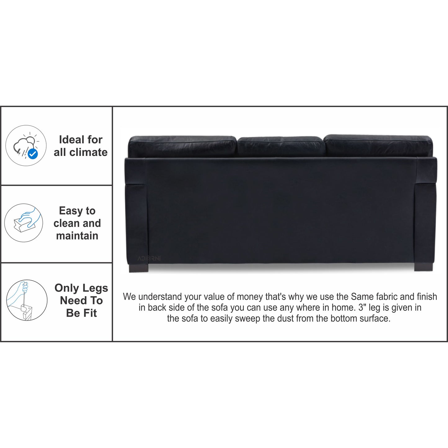 Adorn India Exclusive Rosina Leatherette Three Seater Sofa (Black)