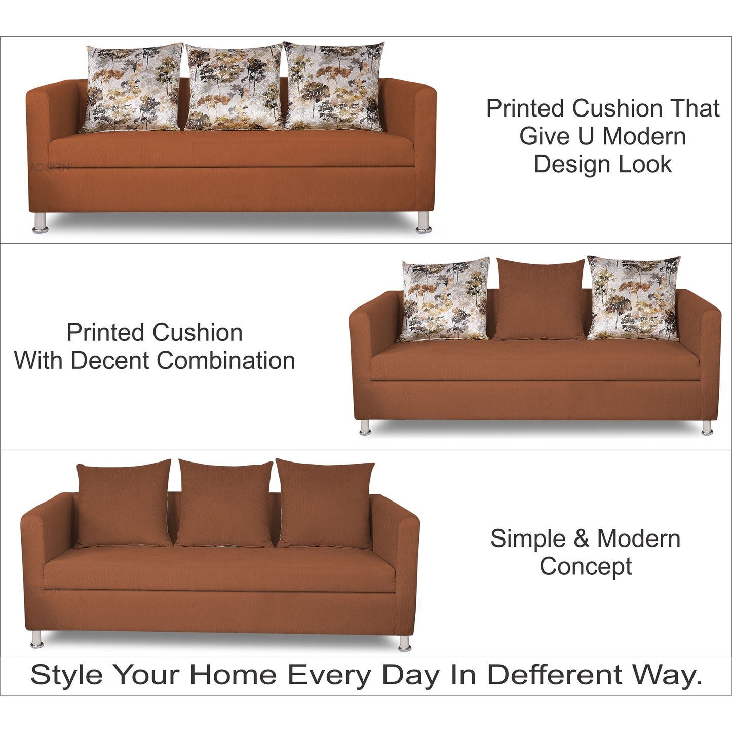 Adorn India Alita 3 Seater Compact Sofa (Rust)