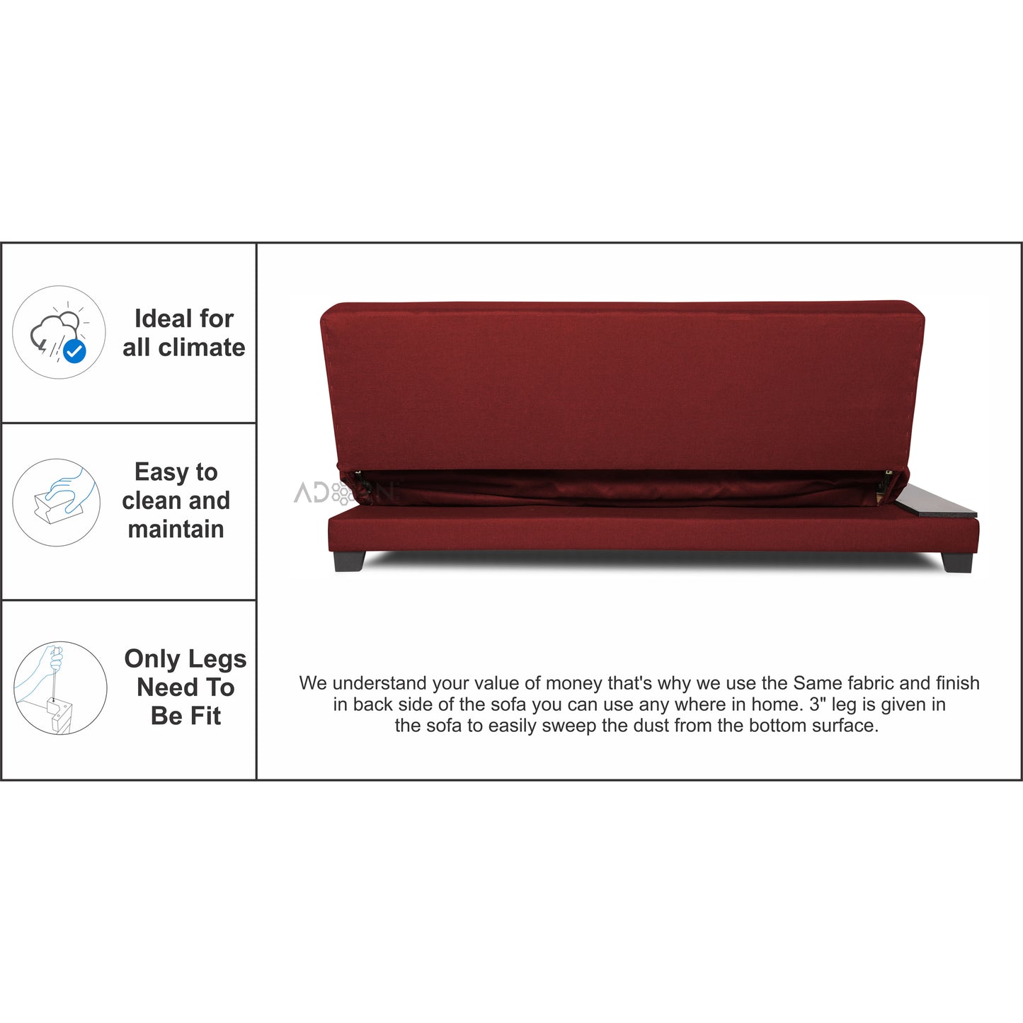 Adorn India Blake 3 Seater Sofa Cum Bed (Maroon), Wood, Foam