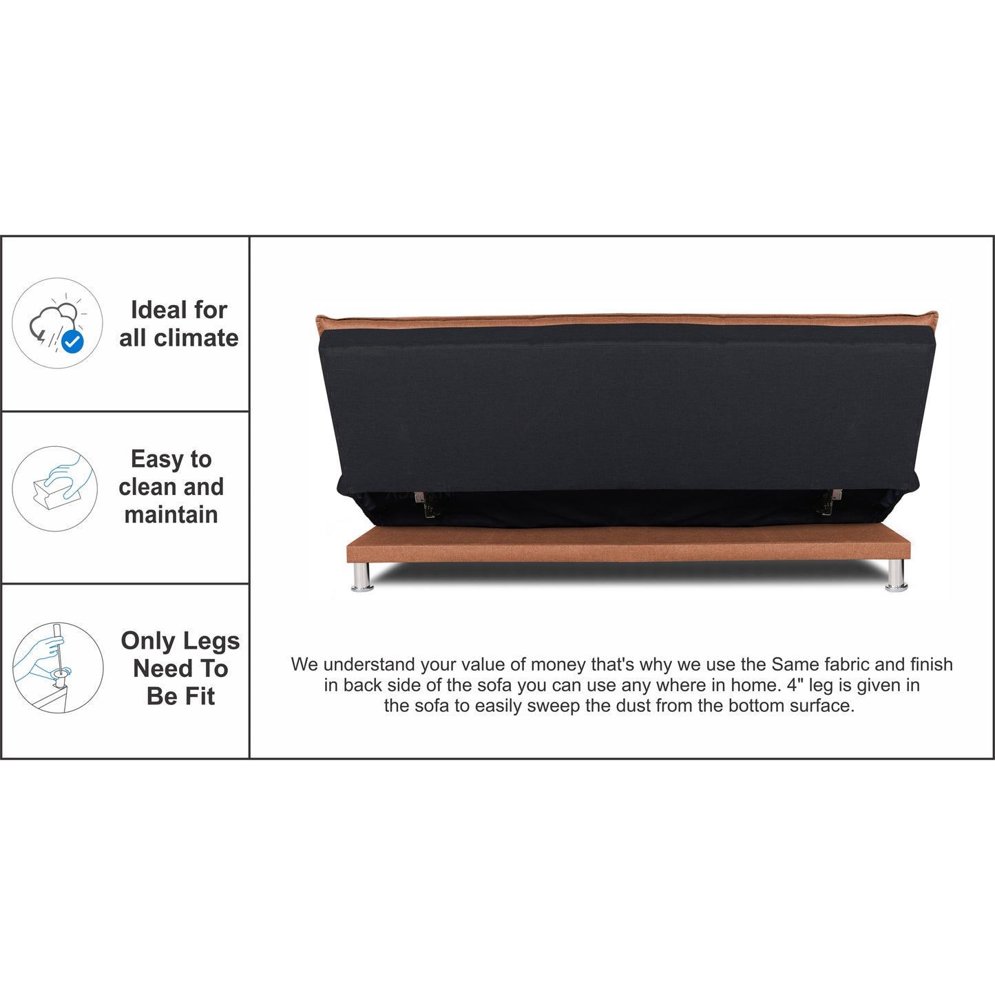 Adorn India Exclusive Two Tone Arden 4 Seater Sofa Cum Bed 4 x 6 (Rust & Black) (3 Year Warranty)