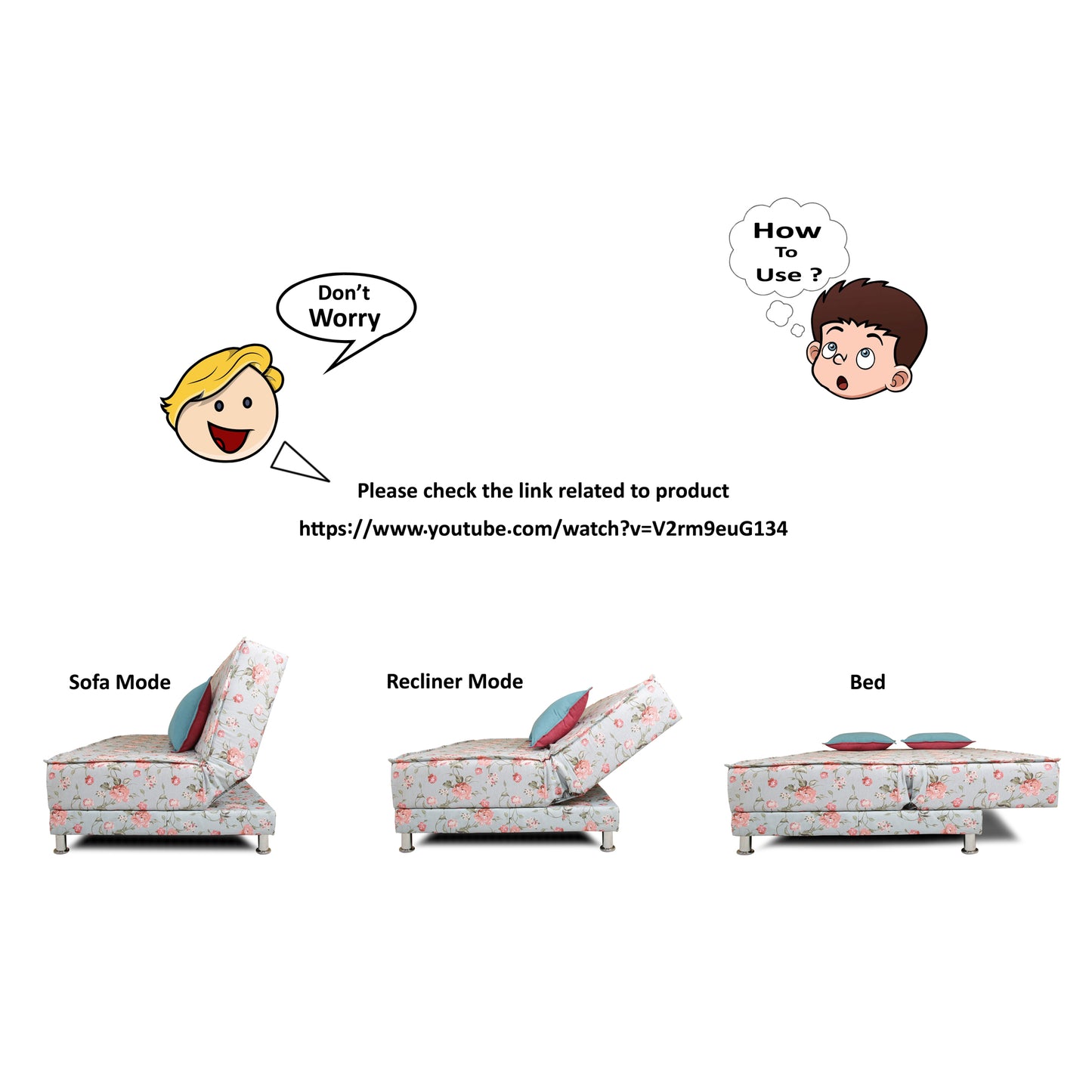 Adorn India Roselyn 3 Seater Sofa Cum Bed Digitel Print (Aqua Blue), Wood, Foam