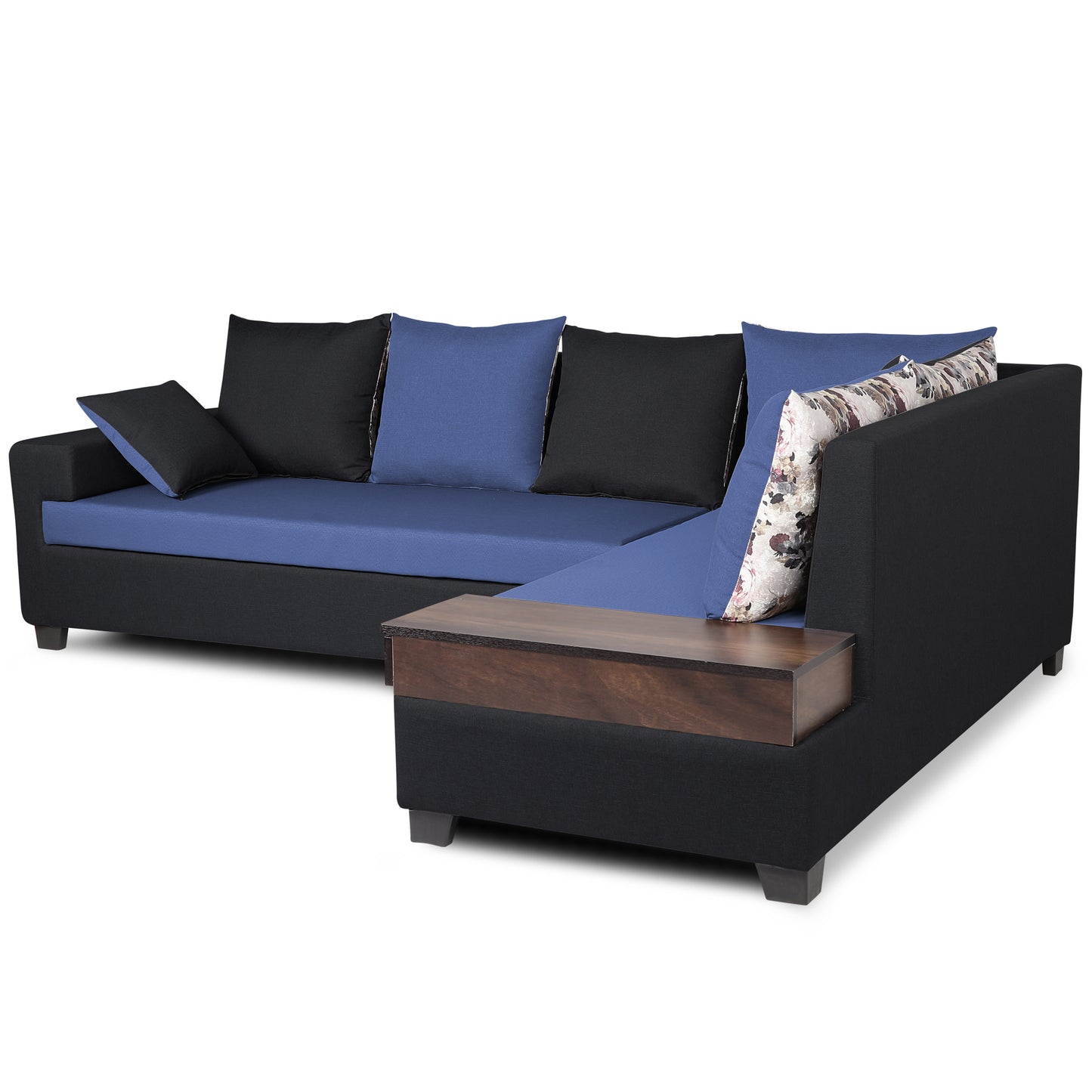 Adorn India Orlando Fabric L Shape Sofa (Black & Blue)