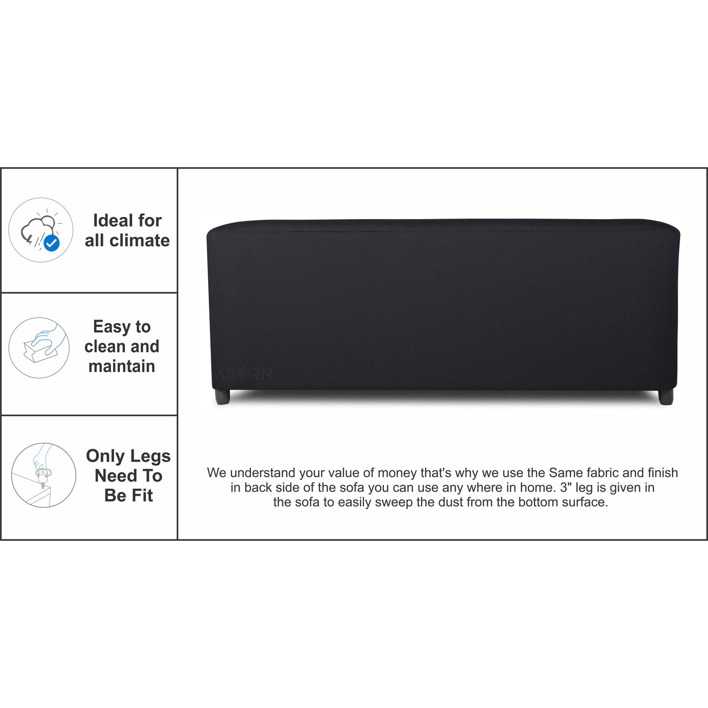 Adorn India Brisco 3 Seater Sofa (Black), Wood, Foam