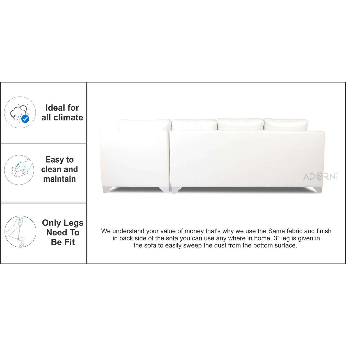 Adorn India Bradley Leatherette L Shape 6 Seater Sofa Set (White)