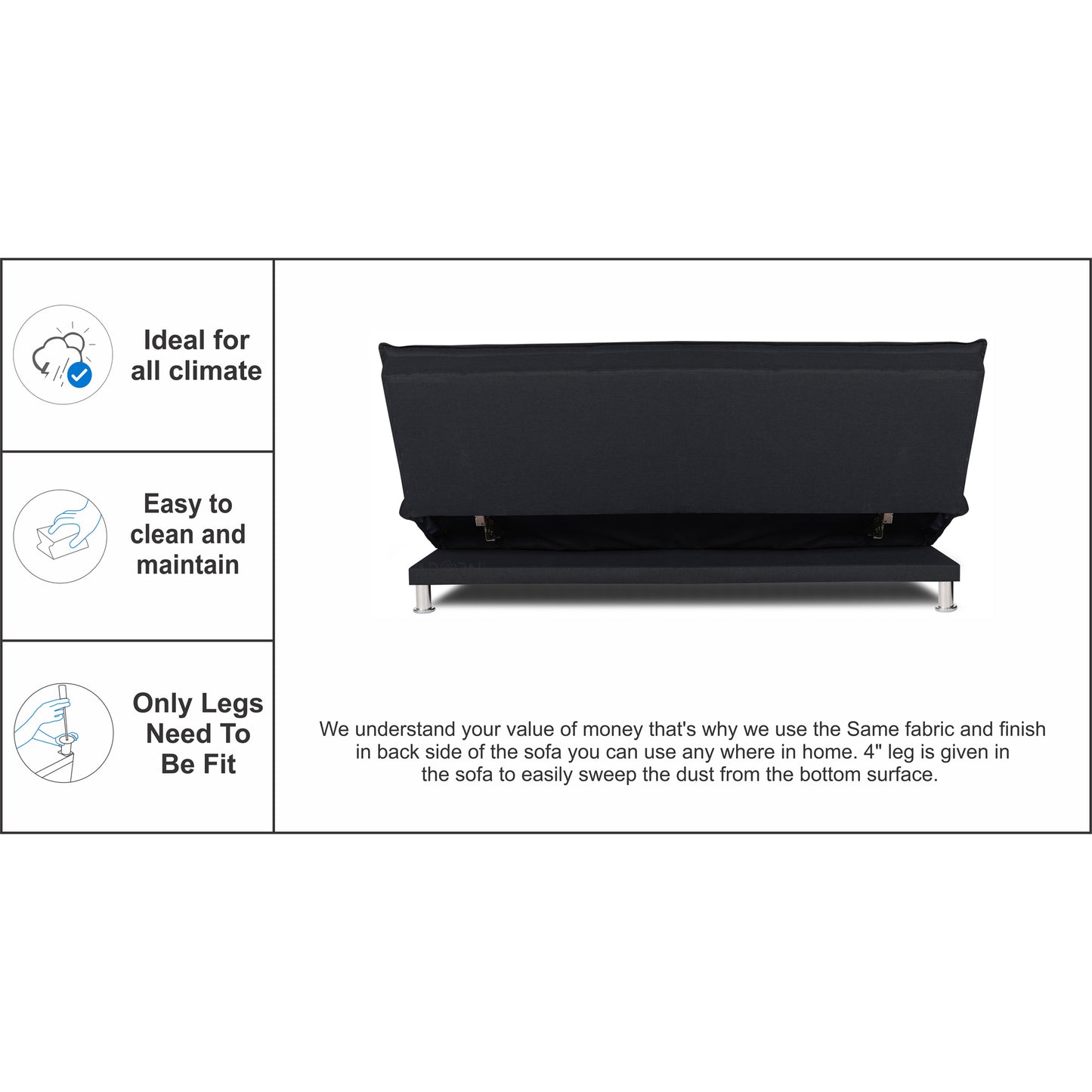 Adorn India Arden 4 Seater Sofa Cum Bed 4 x 6 (Black) (3 Year Warranty)