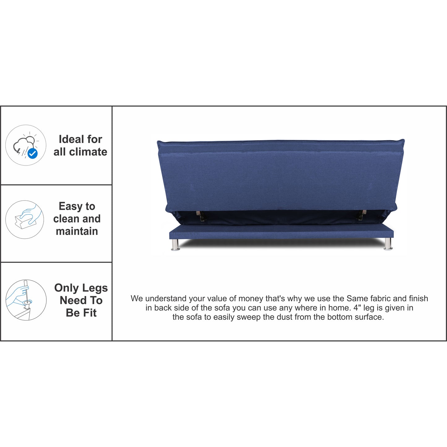 Adorn India Arden 4 Seater Sofa Cum Bed 4 x 6 (Blue) (3 Year Warranty)