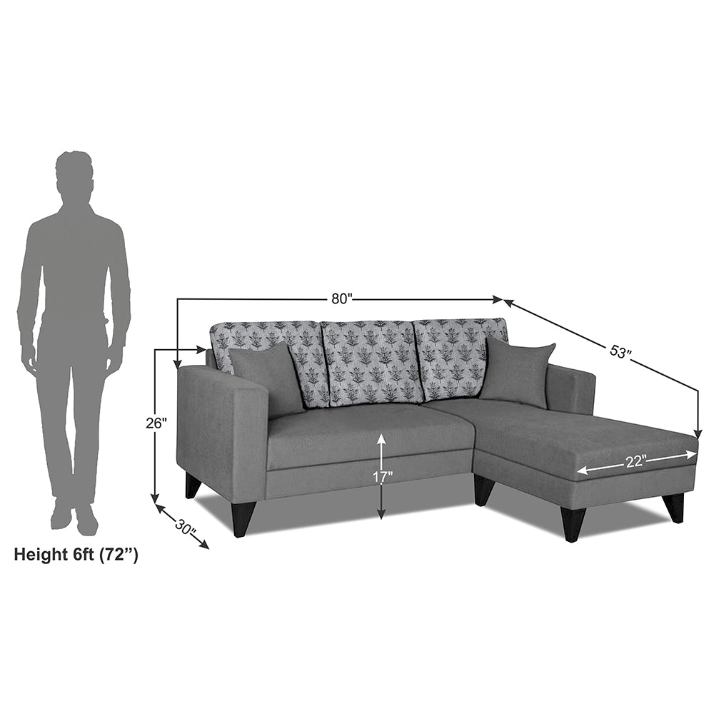 Adorn India Parker Leaf L Shape 4 Seater Sofa Set (Right Hand Side) (Grey) Martin Plus (3 Year Warranty)