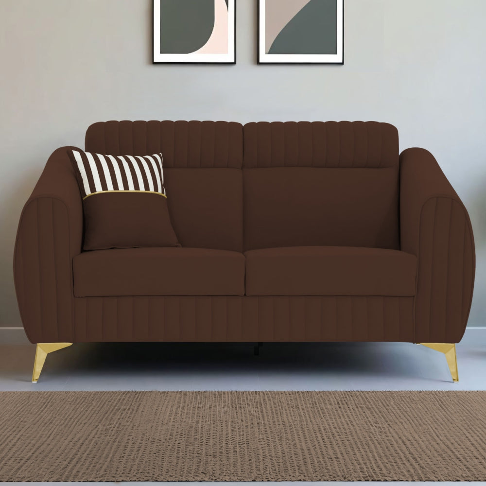 Adorn India Premium Valentino 2 Seater Sofa | Velvet Suede Fabric | 3-Year Warranty | Color Brown with Golden Legs & Striped Pattern Cushion