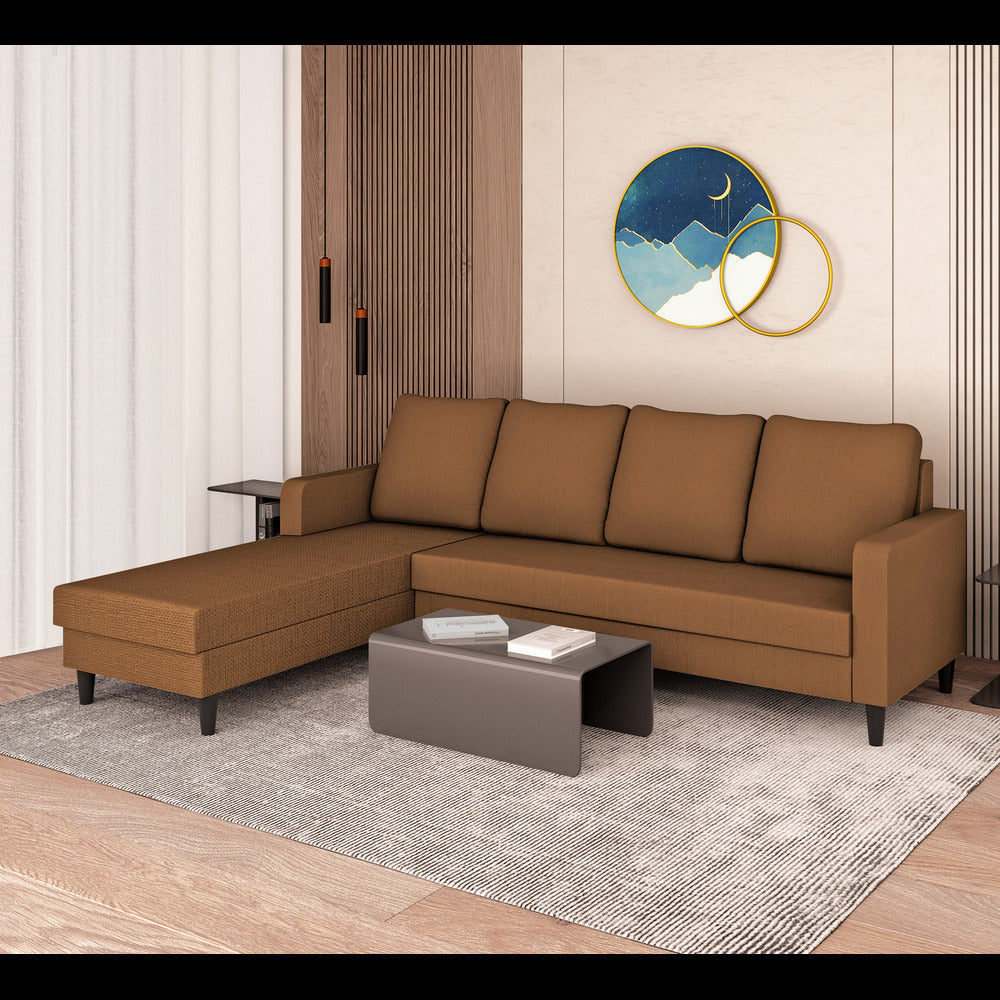 Adorn India Chandler Plain L Shape 6 Seater Sofa Set Lhs (Brown) (3 Year Warranty)