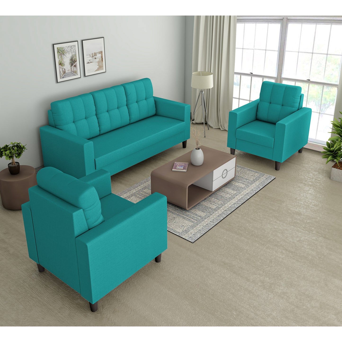 Adorn India Darcy 3+1+1 5 Seater Sofa Set (Beige) (3 Year Warranty)