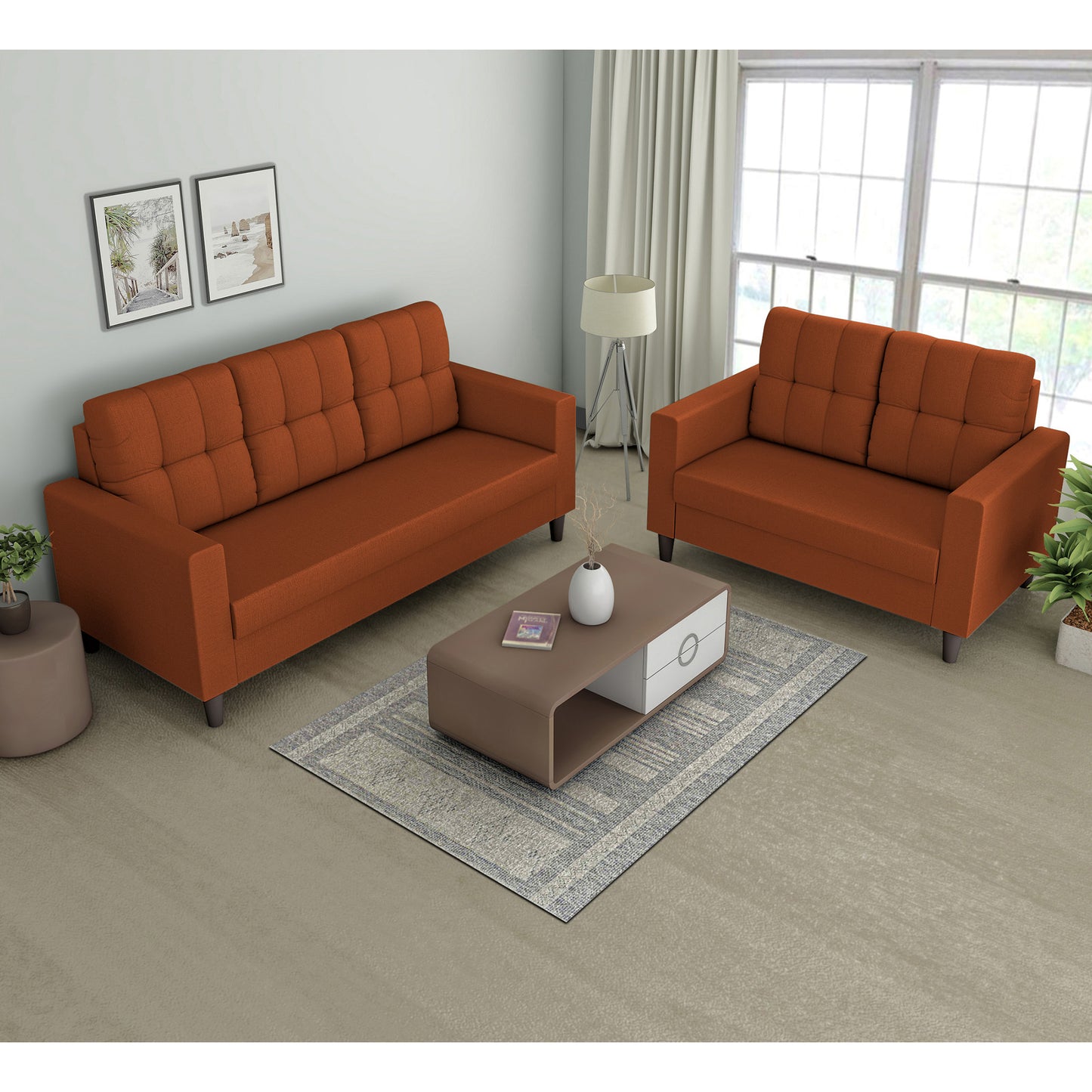 Adorn India Darcy 3+2 5 Seater Sofa Set (Beige) (3 Year Warranty)