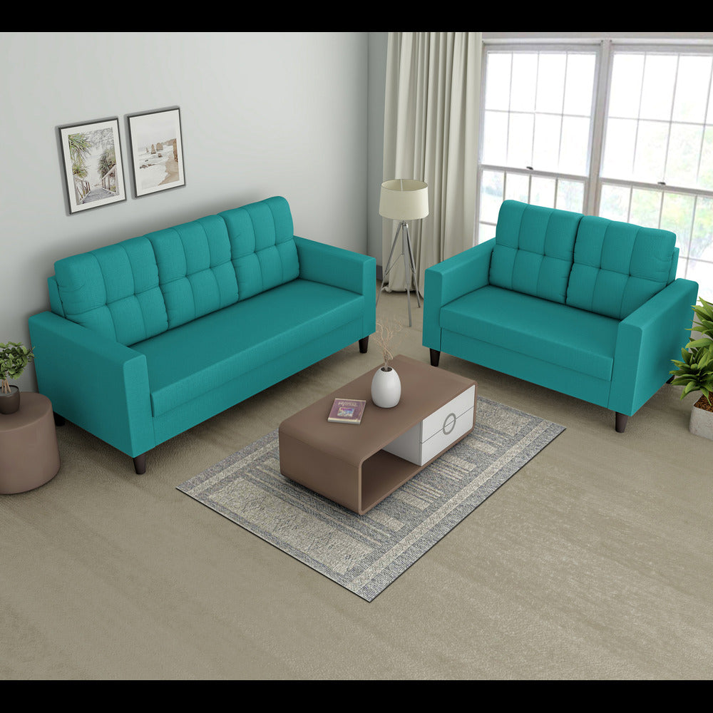 Adorn India Darcy 3+2 5 Seater Sofa Set (Aqua Blue) (3 Year Warranty)