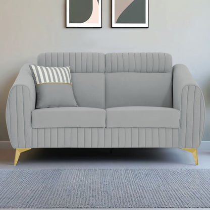 Adorn India Premium Valentino 2 Seater Sofa | Velvet Suede Fabric | 3-Year Warranty | Color Grey with Golden Legs & Striped Pattern Cushion