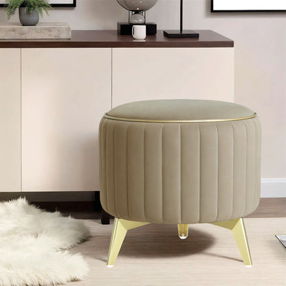 Adorn India Olivia Round 1 Seater Ottoman Pouffe Striped Pattern with Velvet Suede Fabric (Beige)